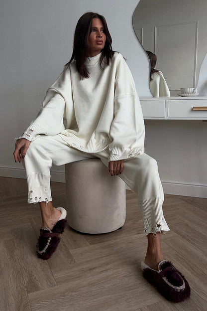 Solid Distressed Knit Crew Neck Sweater Two Piece Set