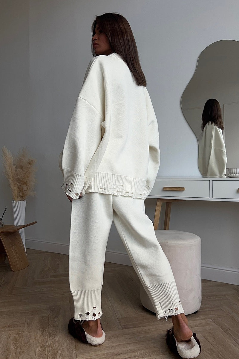 Solid Distressed Knit Crew Neck Sweater Two Piece Set