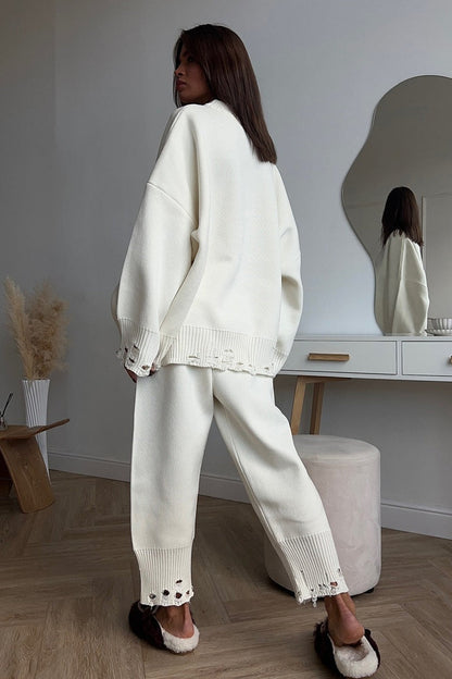 Solid Distressed Knit Crew Neck Sweater Two Piece Set