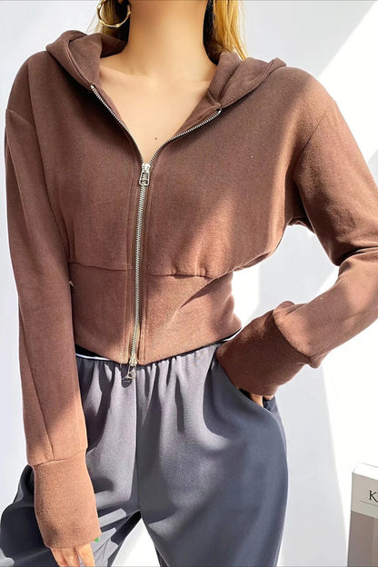 Solid Dual Zipper Slim Cropped Hoodie