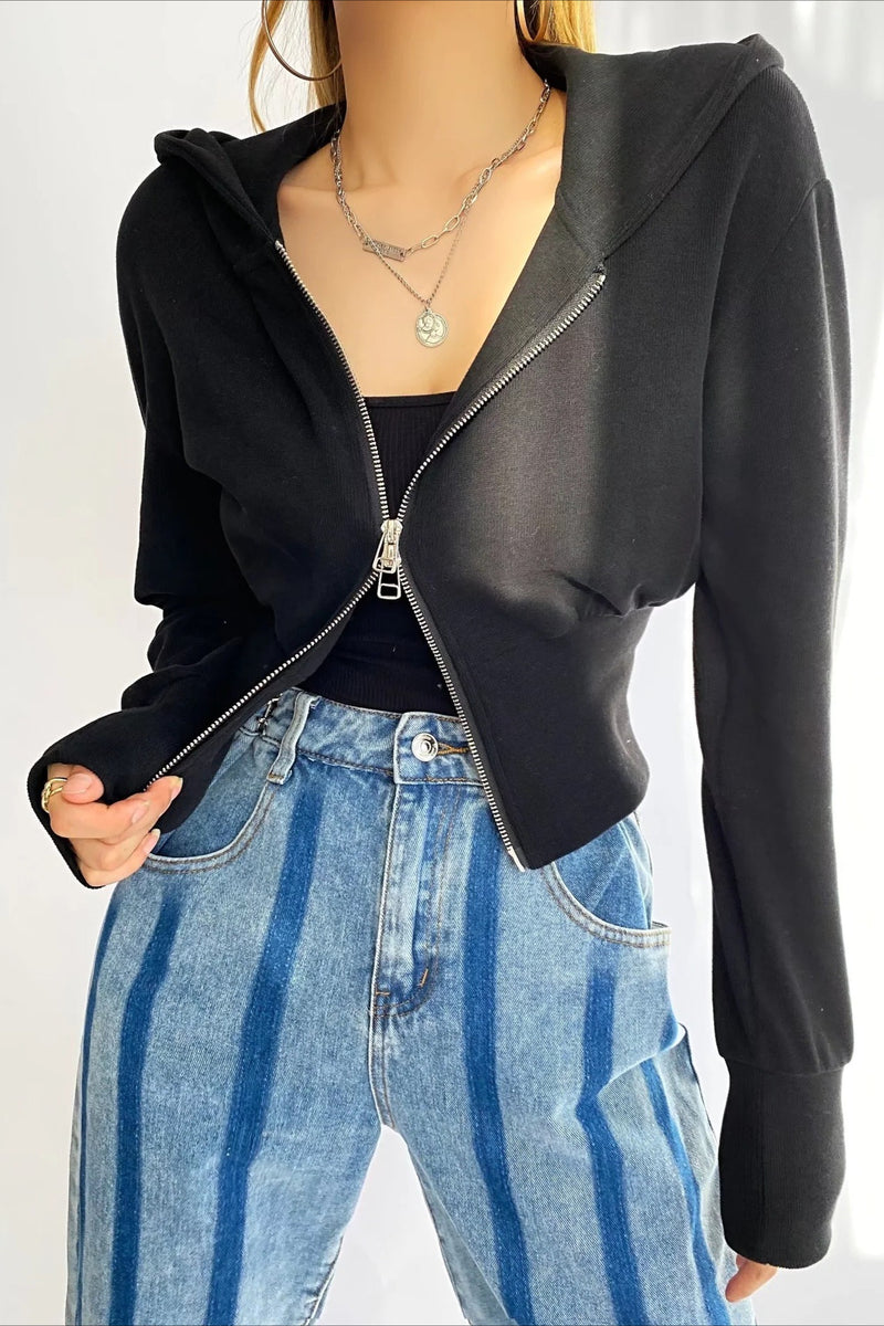 Solid Dual Zipper Slim Cropped Hoodie