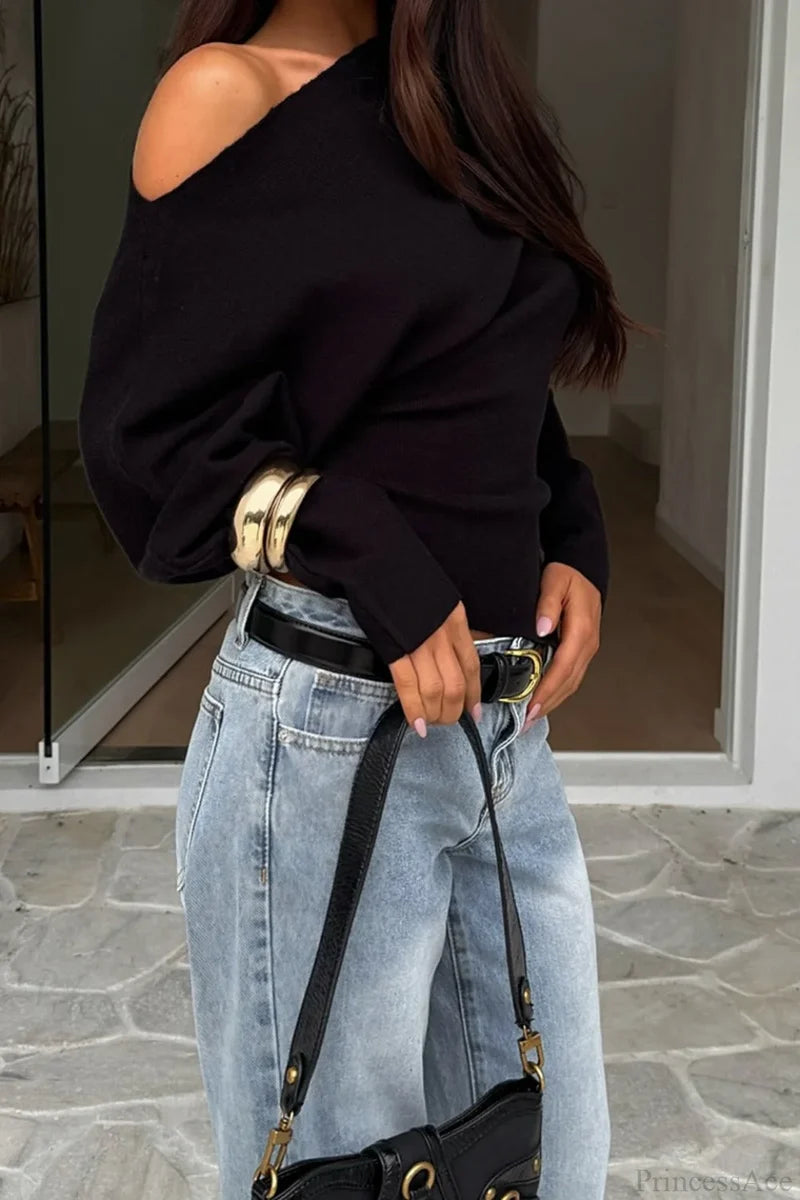 Solid Fleece Off-shoulder Slim Long Sleeve Tee