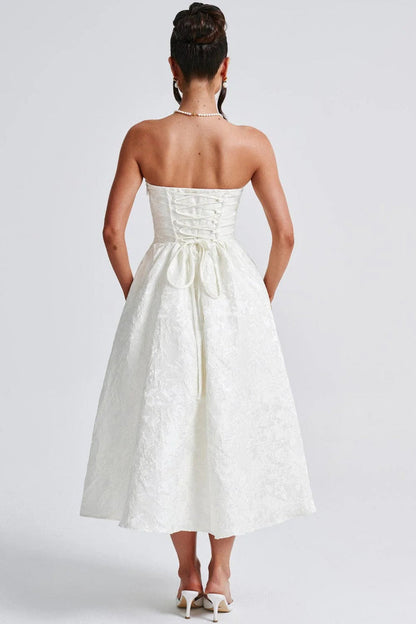 Solid Jacquard Strapless A-Line Party Dress