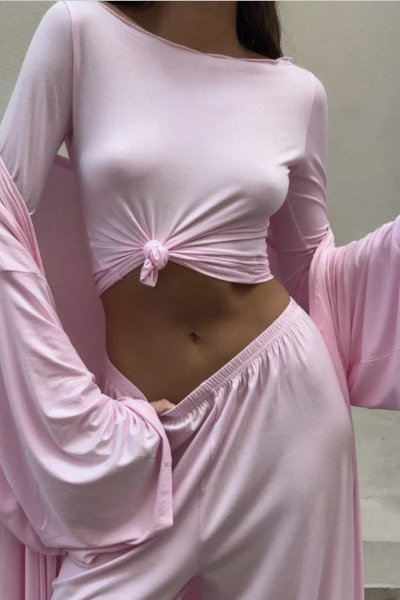 Solid Knit Flowly Long Sleeve Robe Three Piece Set