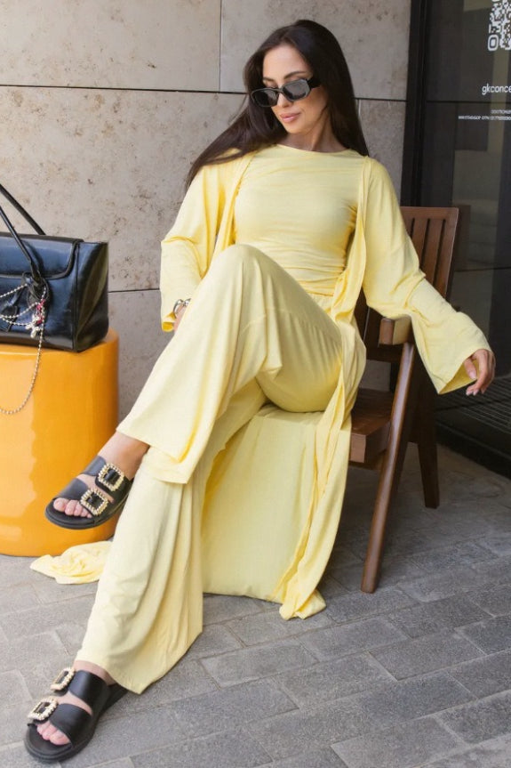 Solid Knit Flowly Long Sleeve Robe Three Piece Set