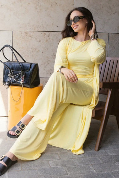 Solid Knit Flowly Long Sleeve Robe Three Piece Set