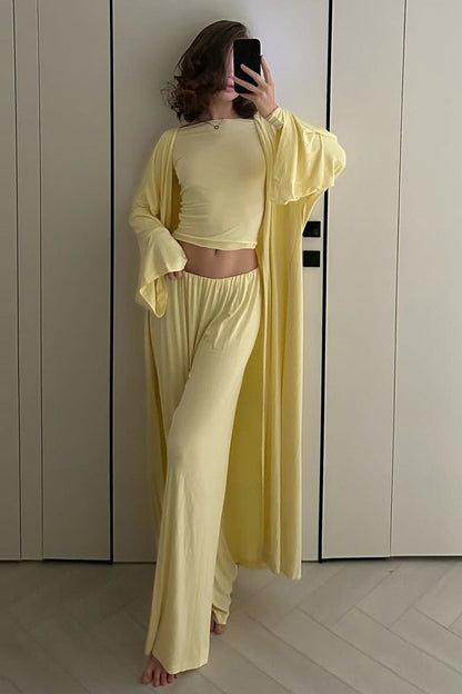Solid Knit Flowly Long Sleeve Robe Three Piece Set