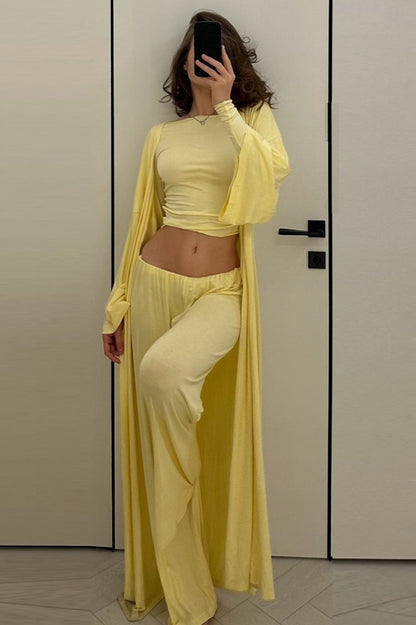 Solid Knit Flowly Long Sleeve Robe Three Piece Set