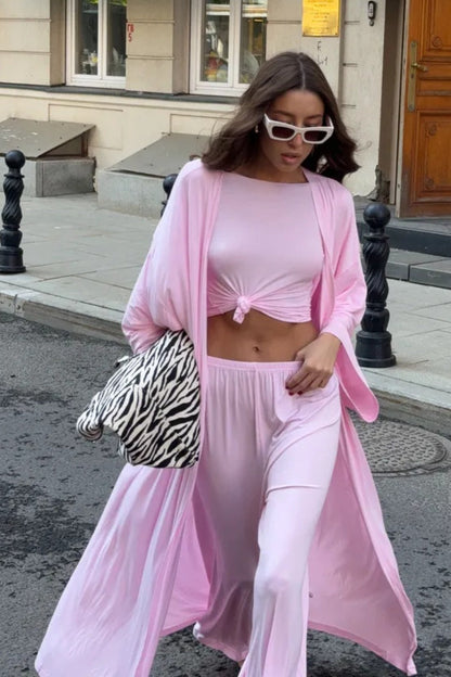 Solid Knit Flowly Long Sleeve Robe Three Piece Set