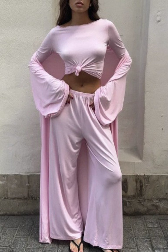 Solid Knit Flowly Long Sleeve Robe Three Piece Set