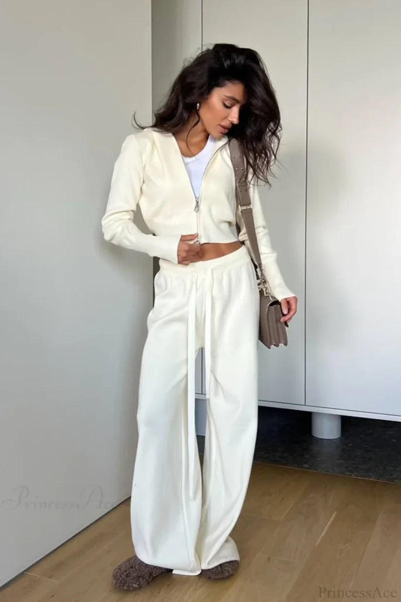 Solid Knit Short Zip Jacket Relaxed Pants Two Piece Set White / S