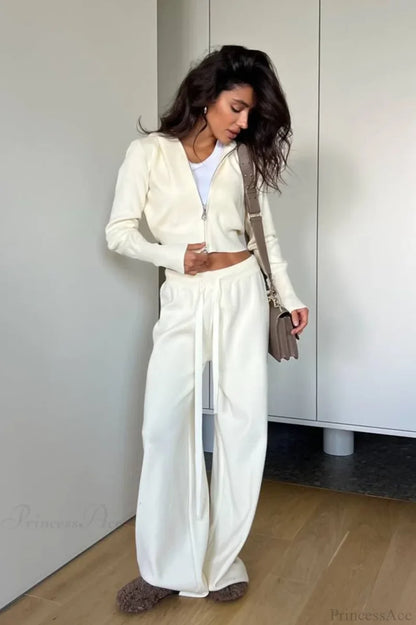 Solid Knit Short Zip Jacket Relaxed Pants Two Piece Set White / S