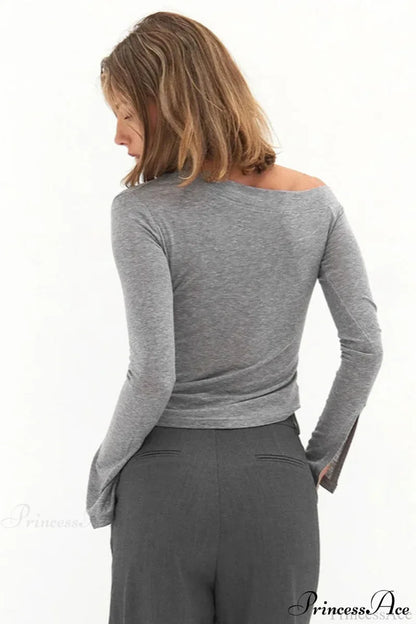 Solid One Shoulder Ruched Split Long Sleeve Tee
