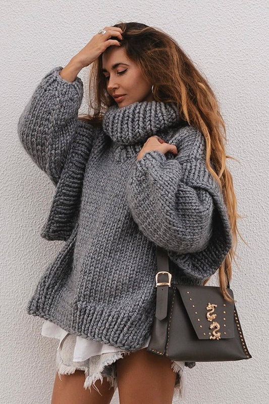 Solid Patchwork Chunky Fluffy Turtleneck Sweater
