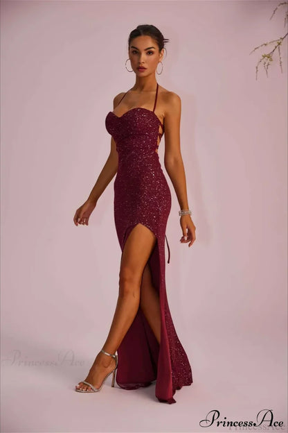 Solid Plunging Backless Slit Fitted Maxi Party Dress Burgundy / S