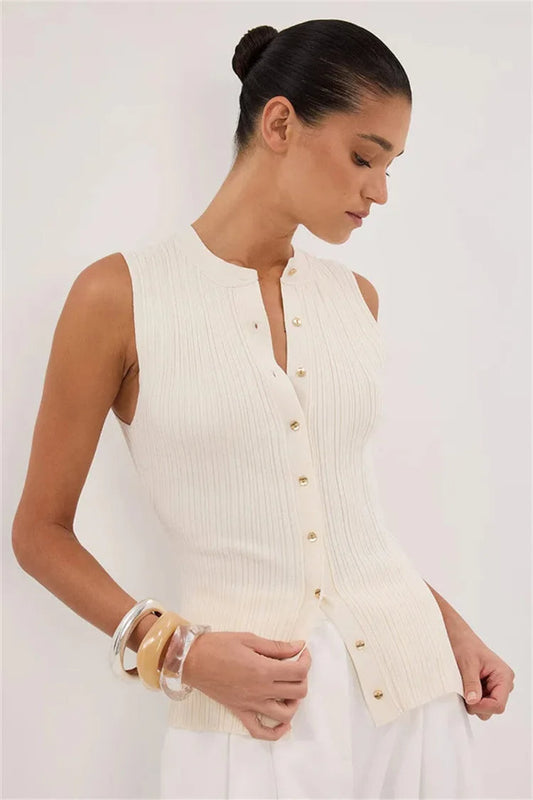 Solid Ribbed Sleeveless Cardigan White / S