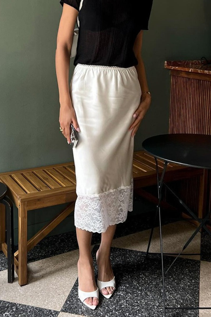 Solid Satin Lace Trim Bodycon Skirt