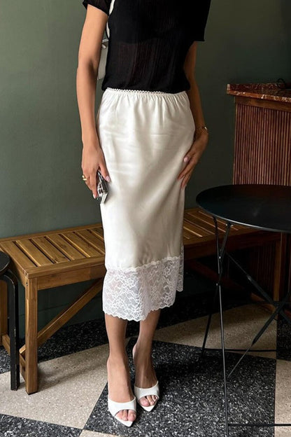 Solid Satin Lace Trim Bodycon Skirt