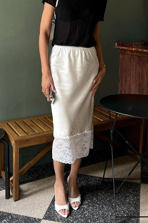 Solid Satin Lace Trim Bodycon Skirt
