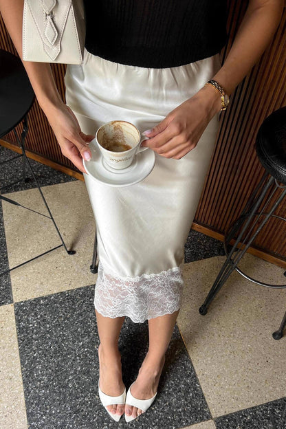 Solid Satin Lace Trim Bodycon Skirt