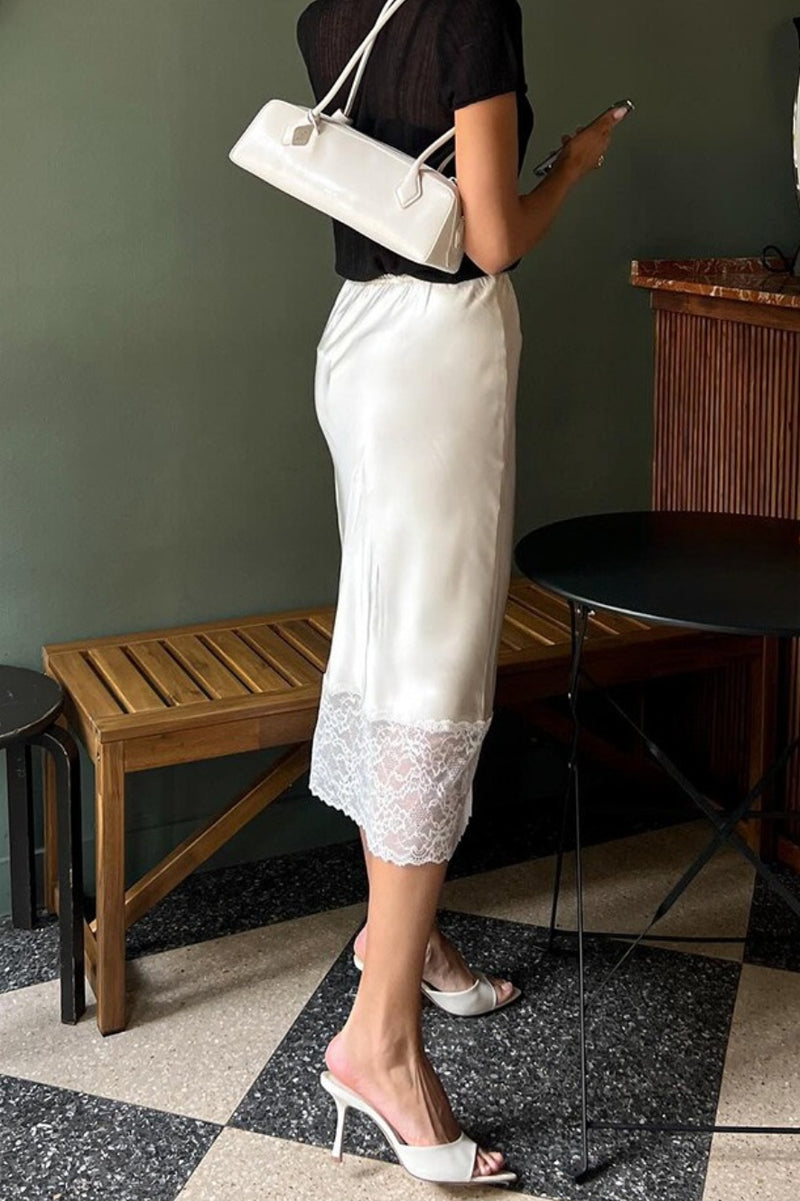 Solid Satin Lace Trim Bodycon Skirt