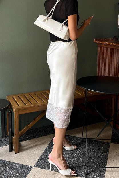 Solid Satin Lace Trim Bodycon Skirt