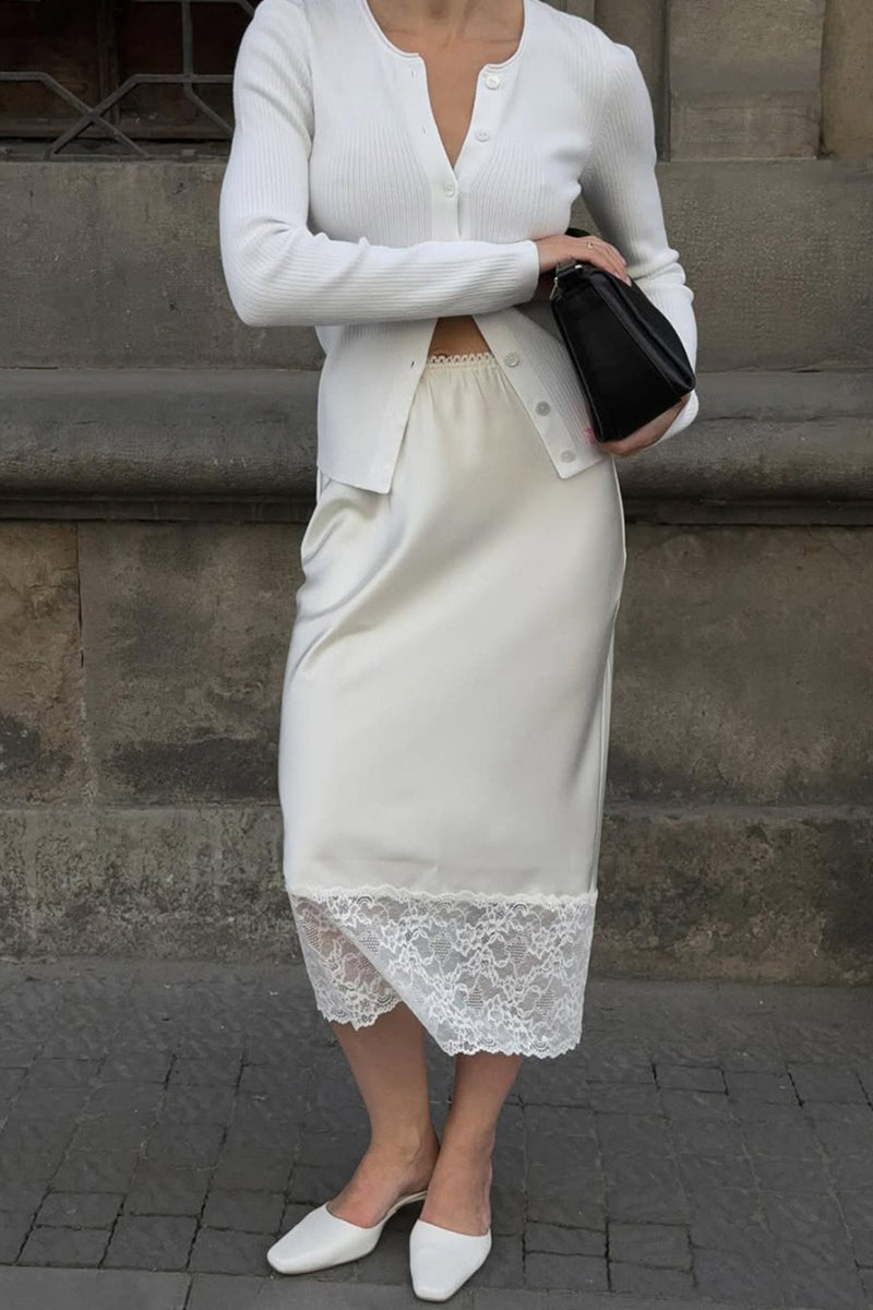 Solid Satin Lace Trim Bodycon Skirt