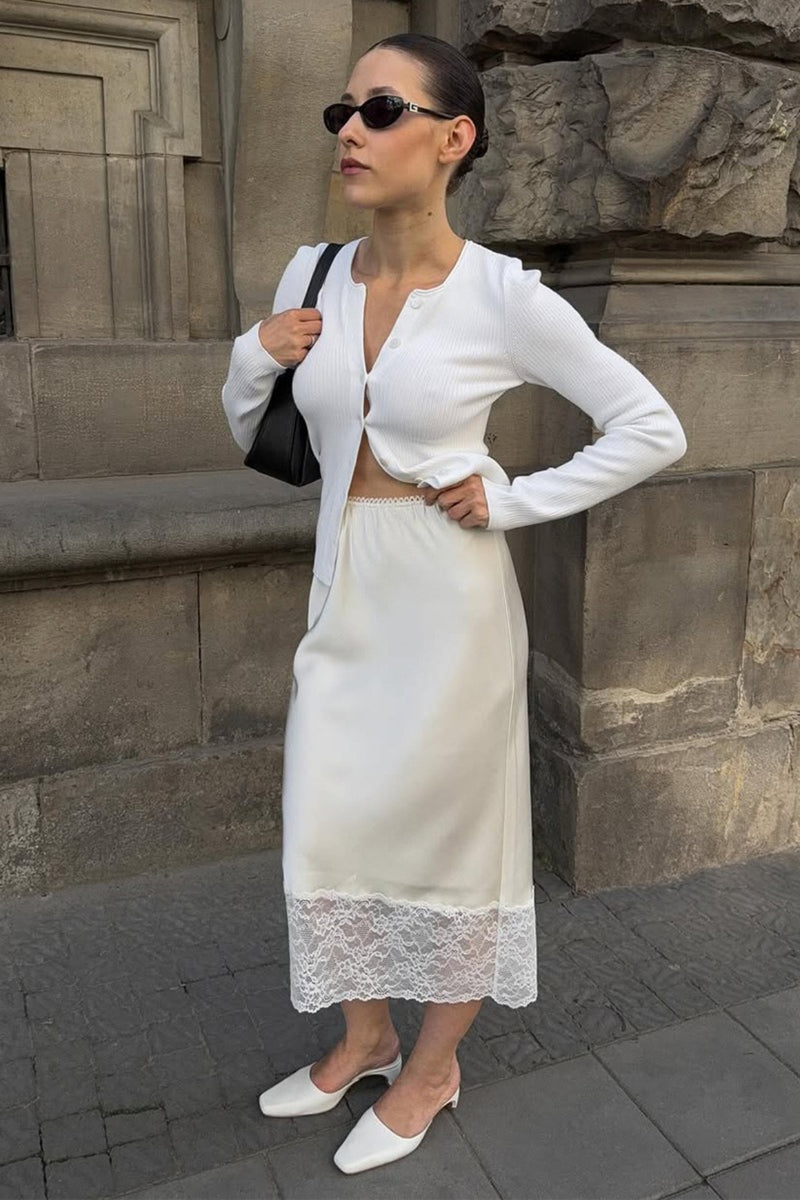 Solid Satin Lace Trim Bodycon Skirt
