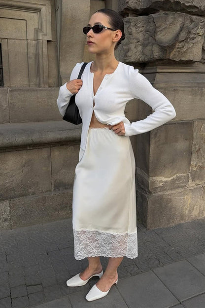 Solid Satin Lace Trim Bodycon Skirt
