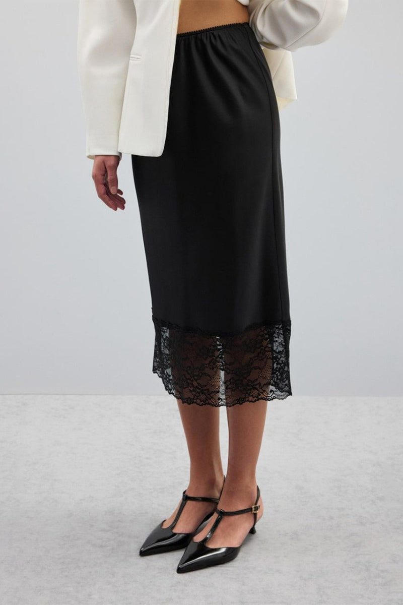 Solid Satin Lace Trim Bodycon Skirt