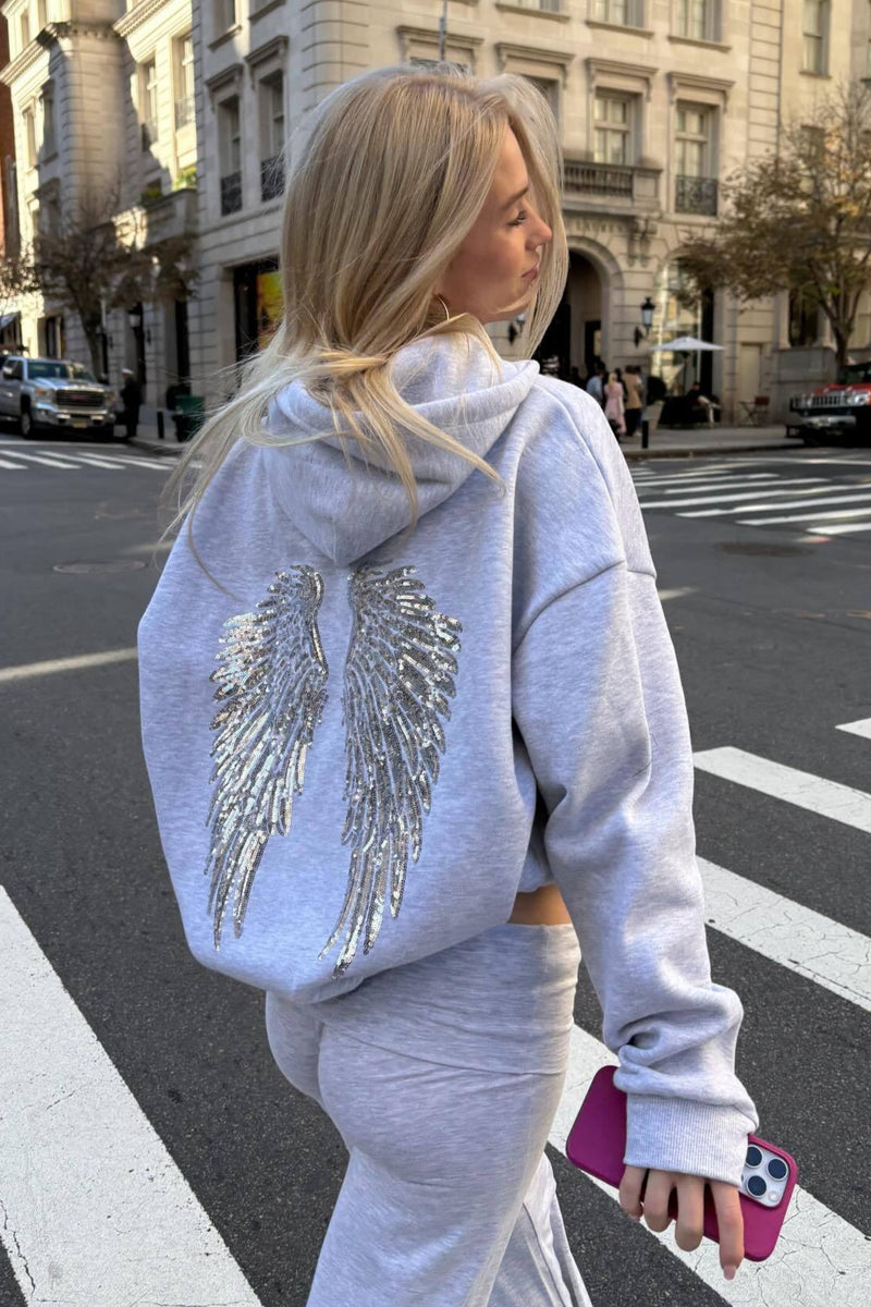 Solid Sequin Wing Graphic Relaxed Hoodie