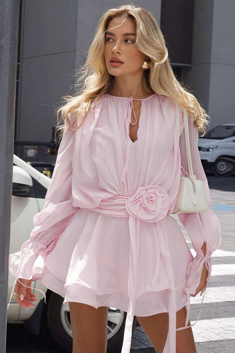 Solid Sexy Round Neck Floral Tie Bodycon Mini Dress
