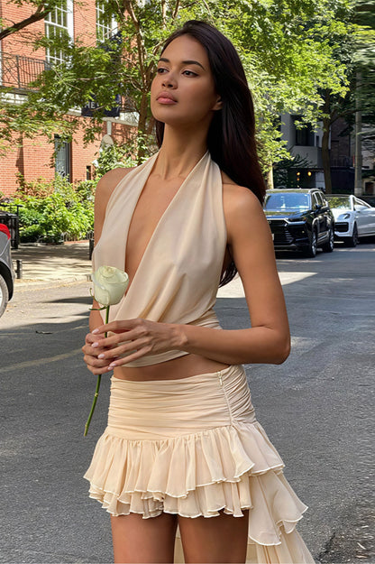 Solid Slim Halter Tank Train Skirt Set