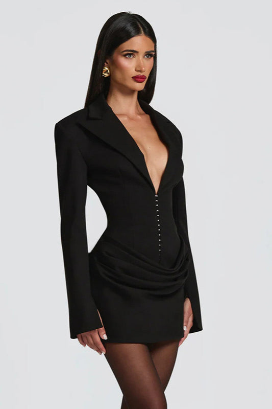 Solid Tailored Deep V Neck Slim Waist Mini Dress