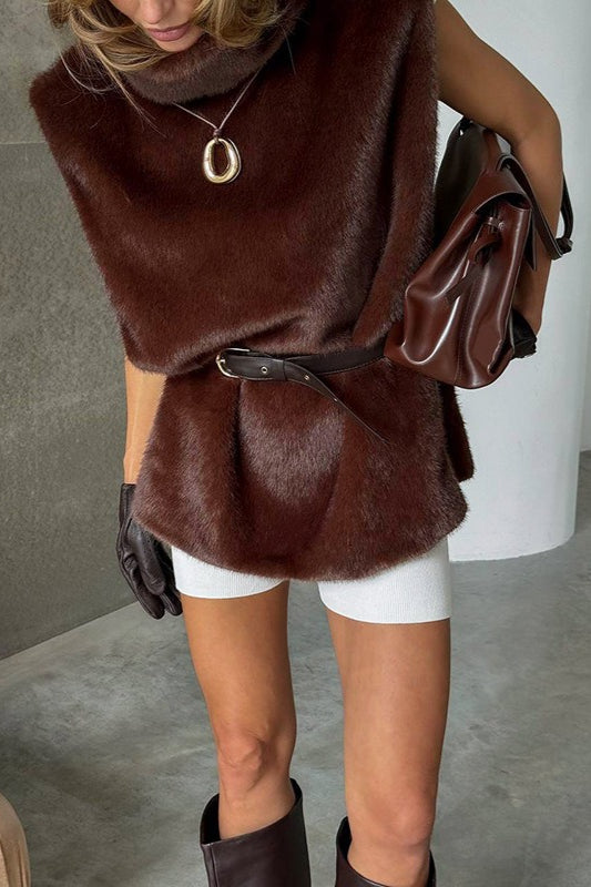 Solid Turtleneck Fuzzy Sleeveless Vest