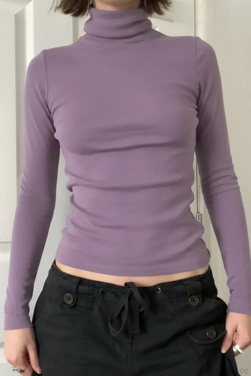 Solid Turtleneck Slim Minimalist Long Sleeve Tee