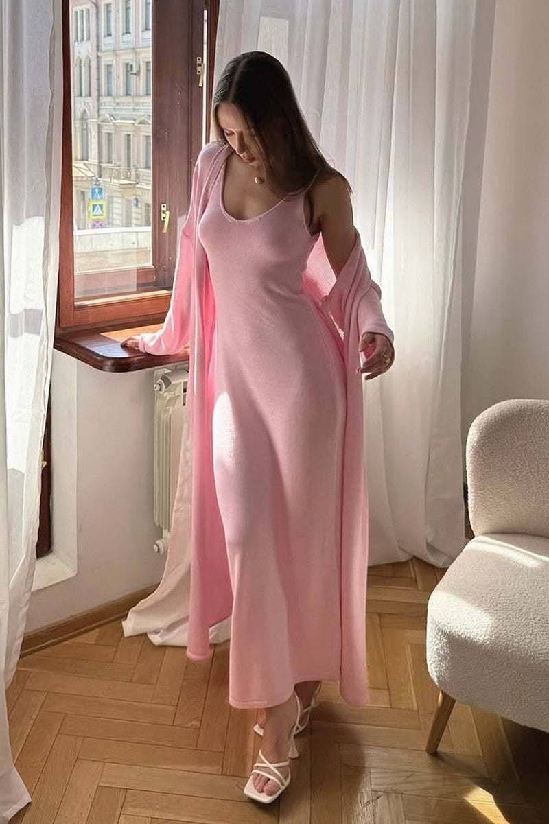 Solid V Neck Cotton Knit Bodycon Two Piece Set