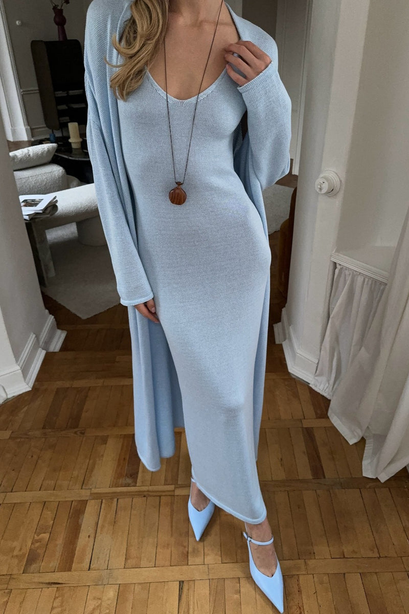 Solid V Neck Cotton Knit Bodycon Two Piece Set