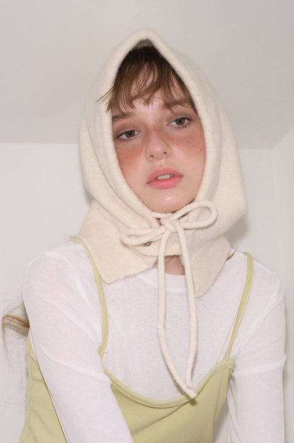 Solid Wool Drawstring Oversized Knitted Balaclava Hat