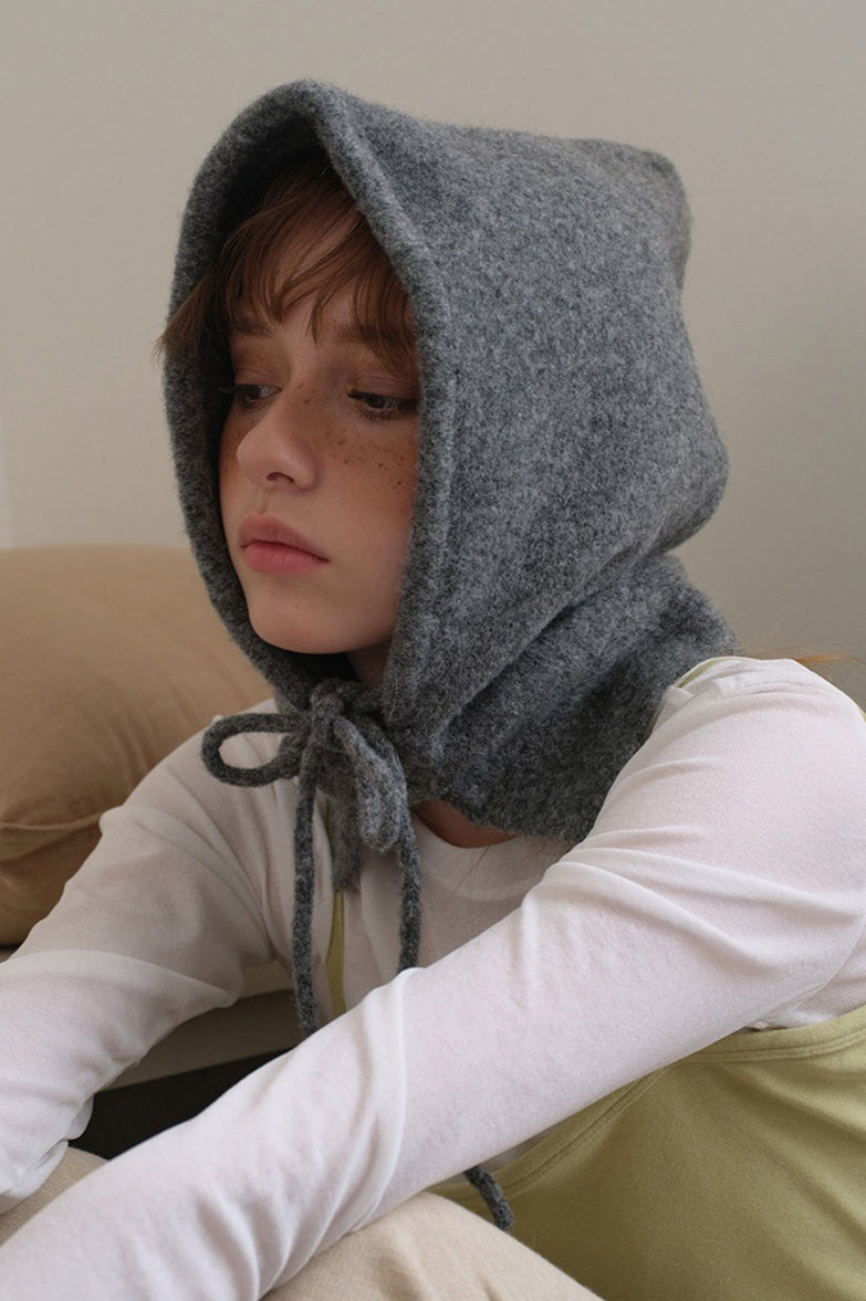 Solid Wool Drawstring Oversized Knitted Balaclava Hat