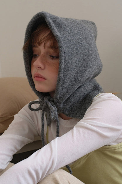 Solid Wool Drawstring Oversized Knitted Balaclava Hat