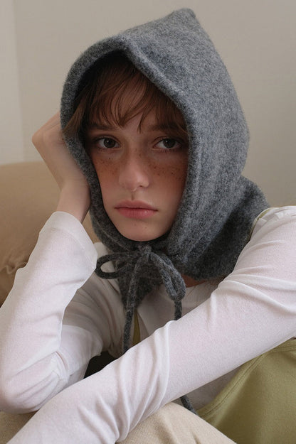 Solid Wool Drawstring Oversized Knitted Balaclava Hat