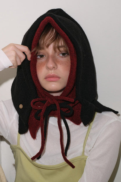 Solid Wool Drawstring Oversized Knitted Balaclava Hat