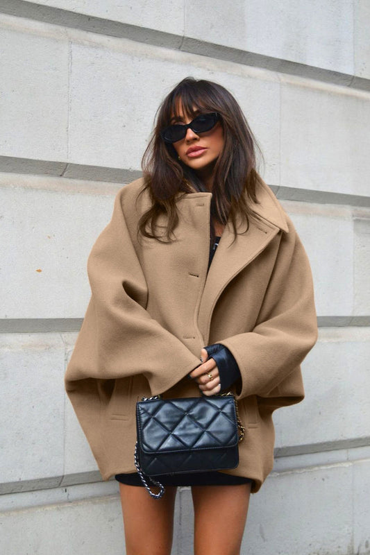 Solid Wool Notch Collar Bell Sleeve Coat