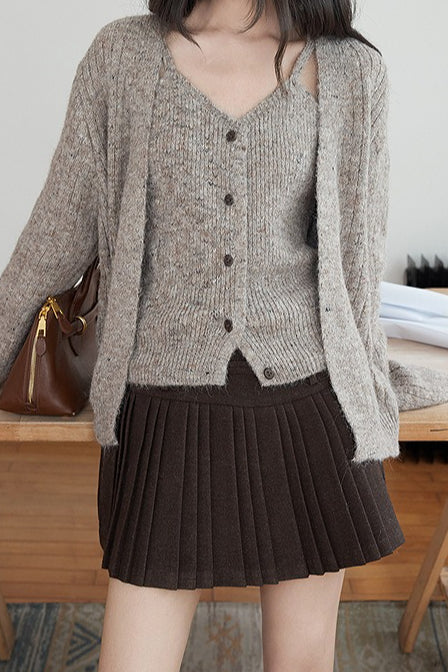 Solid Wool Pleated High Waist Skirt