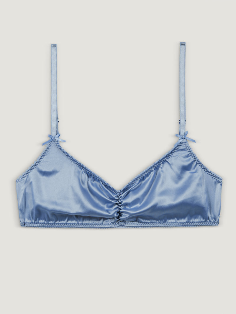 TALIA sky blue satin bandeau bra with bow, front view by Rouje