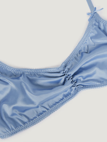 TALIA sky blue satin bra, detail of bow on straps by Rouje