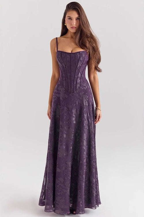 Spaghetti Strap Chiffon Floral Formal Dress S / Purple