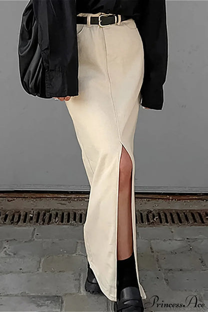 Split High Waist Slim Maxi Skirt Apricot / S