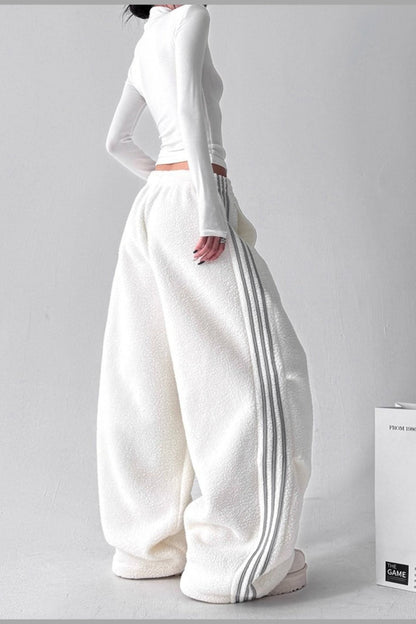 Sporty Plush Wide-Leg Striped Pants